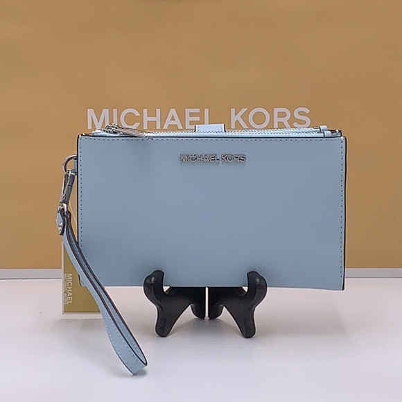 MICHAEL KORS JET SET TRAVEL 35F8GTVWOL VISTA BLUE LG DOUBLE ZIP WRSTLT LEATHER - Picture 10 of 14